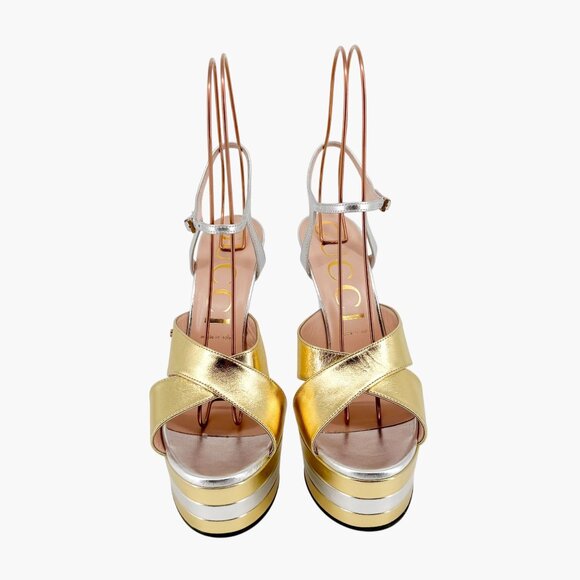 Gucci Angel Platform Sandals Size 40 US 10 Gold Silver GG Criss Cross High Heel - Picture 3 of 15